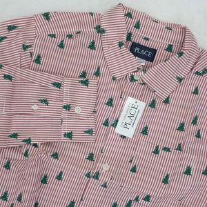 Childrens Place Button Down Shirt Kids Size 14 XL Red Striped Christmas Tree New